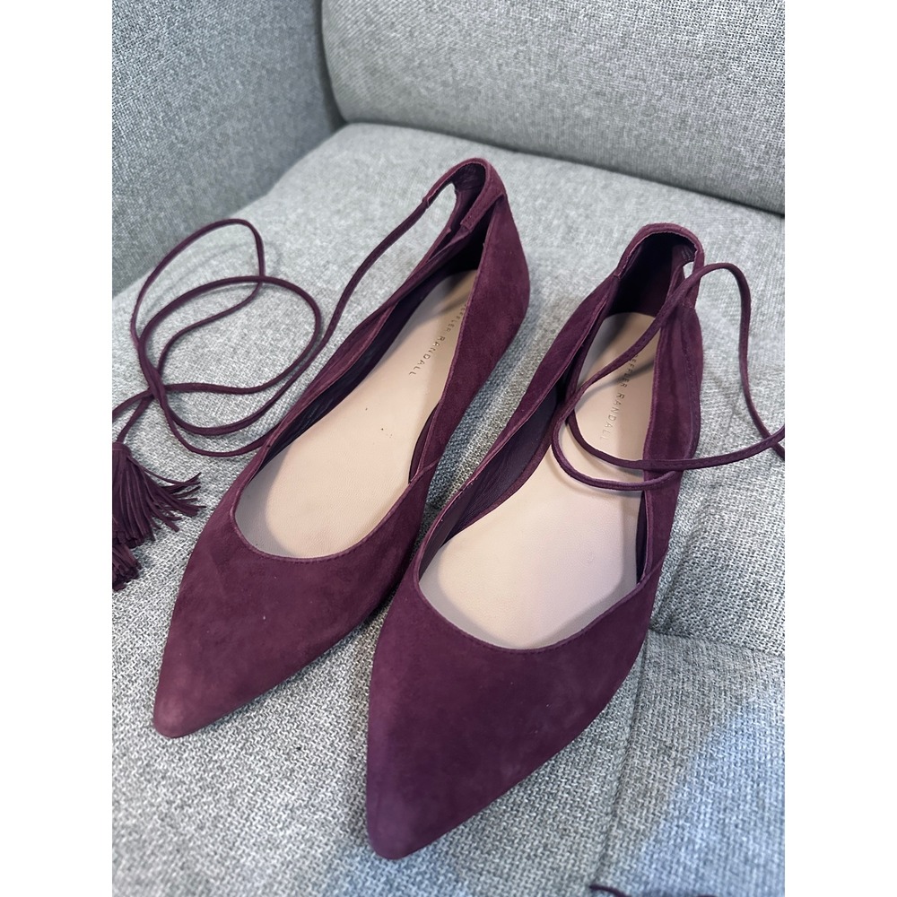 Pointed Tie-Ankle Suede Flats in Burgundy